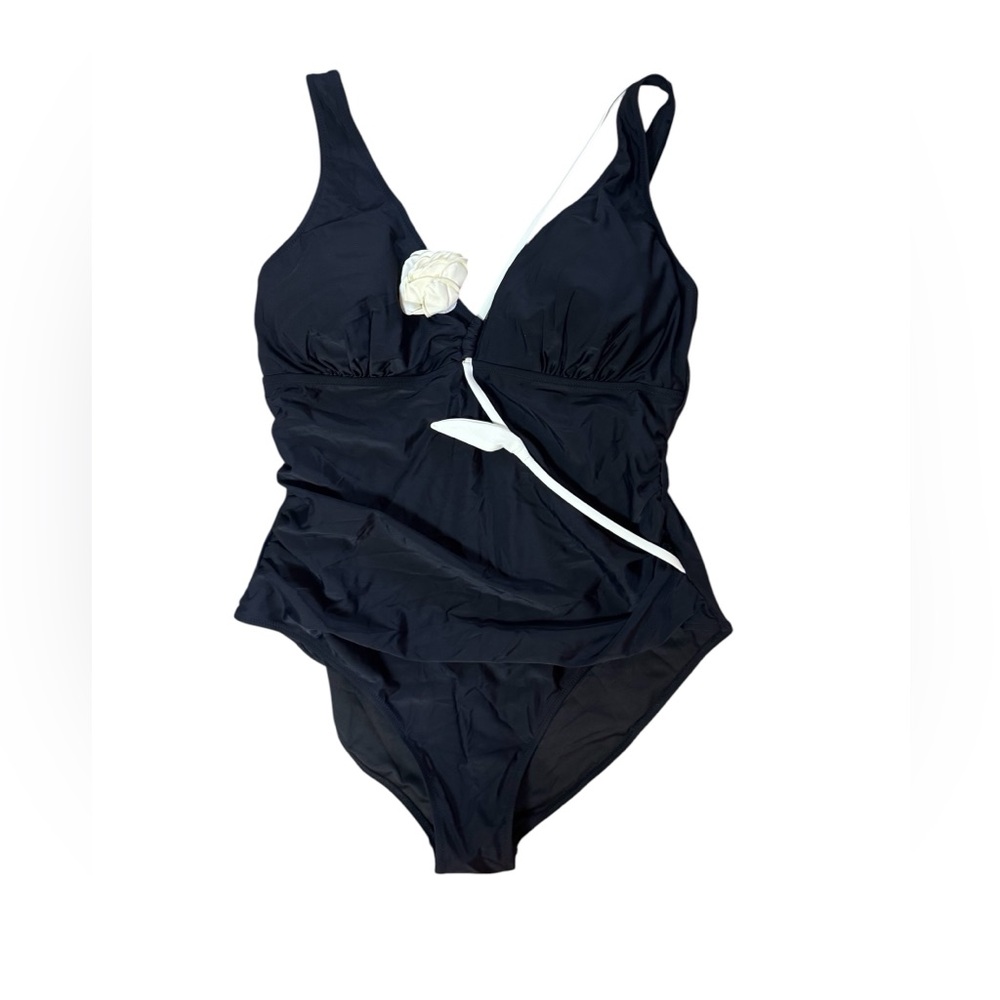 Eomenie Black One Piece Swimsuit 2X Floral Applique Tummy Control NWOT